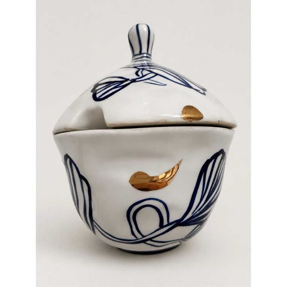 Anthropologie Ruan Hoffman Jardin Des Plantes Sugar Pot Blue White Gold Ceramic